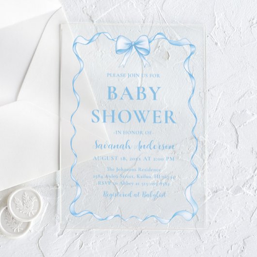 水の色の男の子リボンほこりっぽいブルーボウ赤ちゃんシャワー アクリル招待状