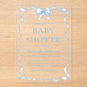 水の色の男の子リボンほこりっぽいブルーボウ赤ちゃんシャワー アクリル招待状 (正面)