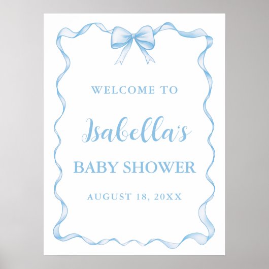 水の色の男の子リボンほこりっぽいブルーボウ赤ちゃんシャワー ポスター (正面)