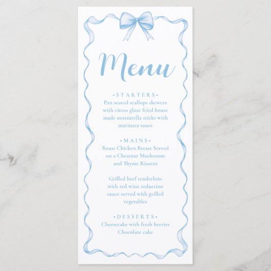 水の色の男の子リボンほこりっぽいブルーボウ赤ちゃんシャワー メニュー (正面)