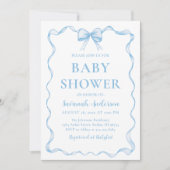 水の色の男の子リボンほこりっぽいブルーボウ赤ちゃんシャワー 招待状 (正面)