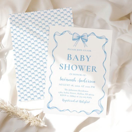 水の色の男の子リボンほこりっぽいブルーボウ赤ちゃんシャワー 招待状