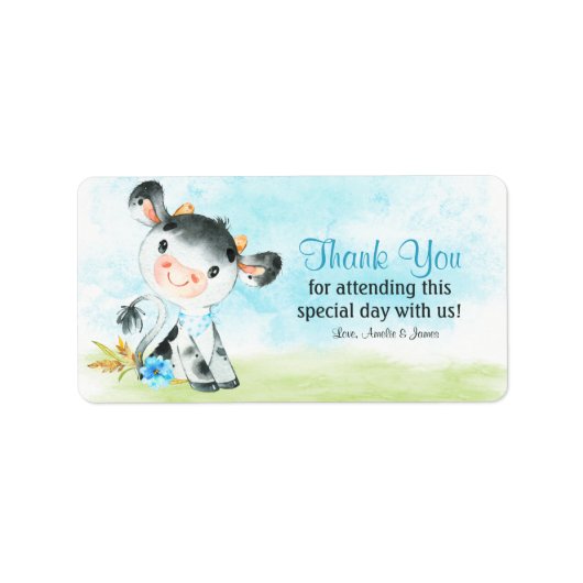 水の色の男の子牛の赤ちゃんシャワー農場ありがとう ラベル (正面)