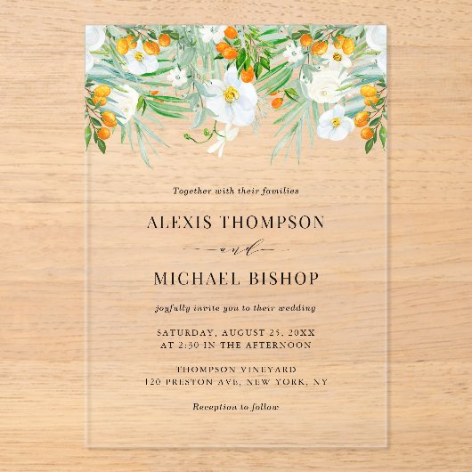 水の色の白い蘭とクムカ結婚ツ アクリル招待状 (正面)