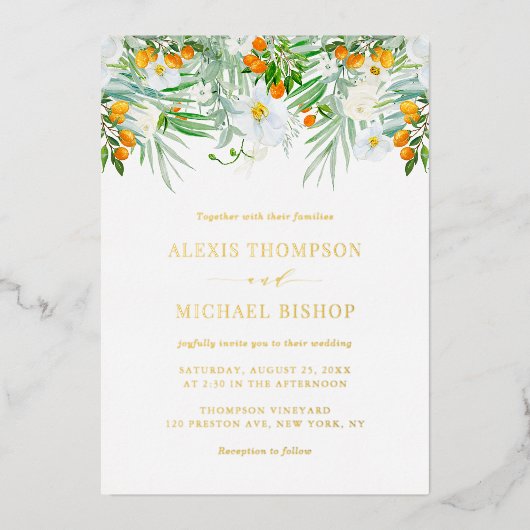 水の色の白い蘭とクムカ結婚ツ 箔招待状 (正面)