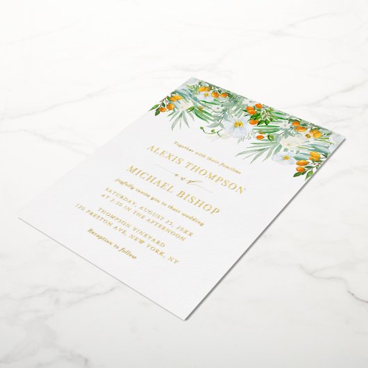 水の色の白い蘭とクムカ結婚ツ 箔招待状 (回転した状態)