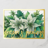 水の色の白絵画ポインセチア・クリスマス 箔シーズンカード (正面)
