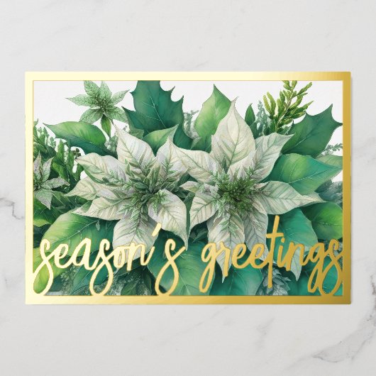 水の色の白絵画ポインセチア・クリスマス 箔シーズンカード (正面)