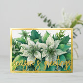 水の色の白絵画ポインセチア・クリスマス 箔シーズンカード (立ち正面)