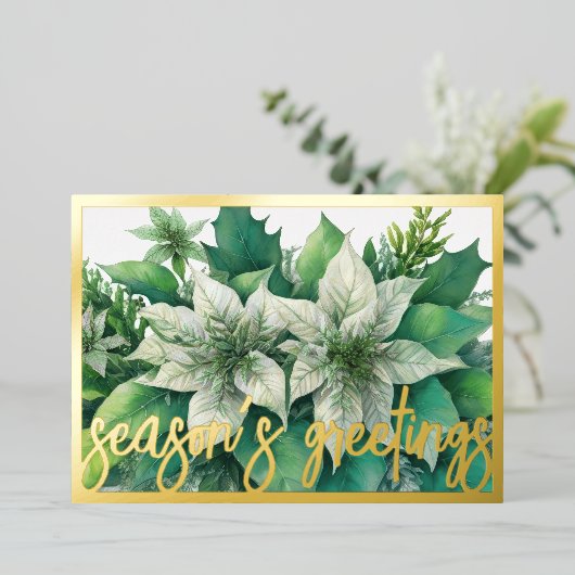 水の色の白絵画ポインセチア・クリスマス 箔シーズンカード (立ち正面)
