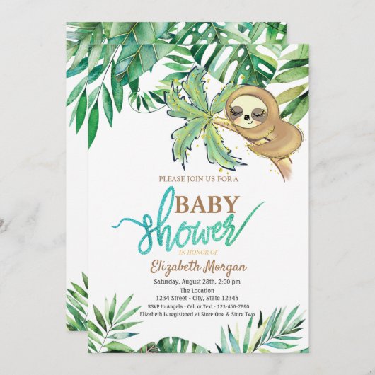 水の色の眠るスロスサマーベビーシャワー 招待状 (正面/裏面)