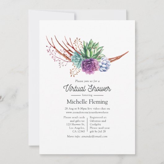 水の色の砂漠の多肉仮想ベビーシャワー 招待状 (正面)