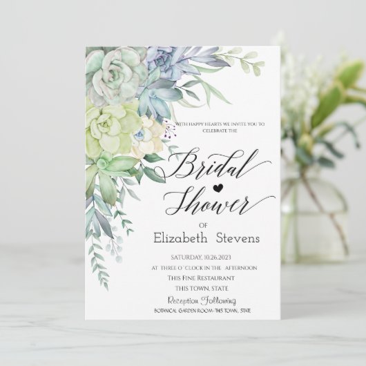 水の色の砂漠の多肉植物のスクリプトブライダルシャワー 招待状 (スタンド正面)