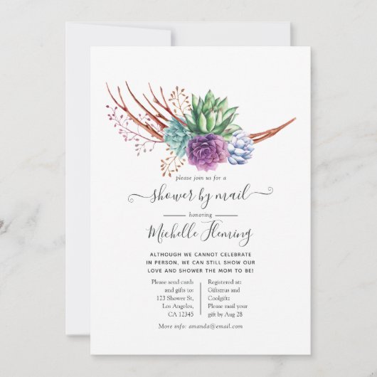 水の色の砂漠の多肉類の赤ちゃんシャワー郵便 招待状 (正面)