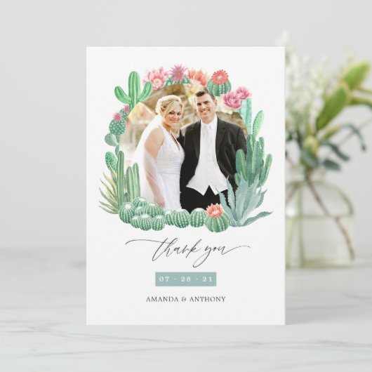 水の色の砂漠の多肉類結婚の写真 サンキューカード (スタンド正面)