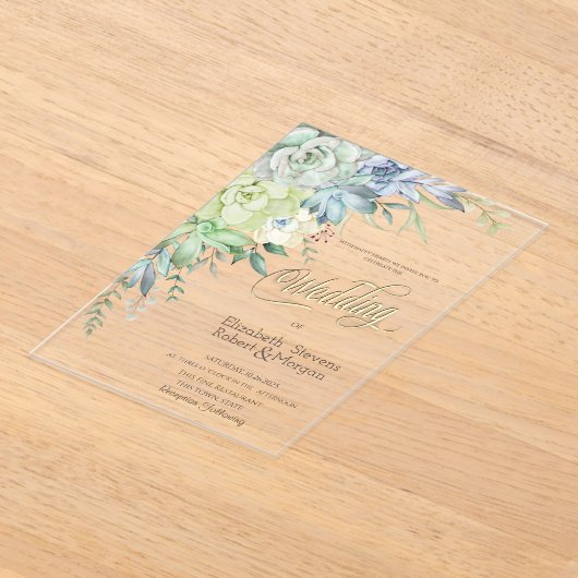 水の色の砂漠の結婚多肉類 アクリル招待状 (レイダウン)