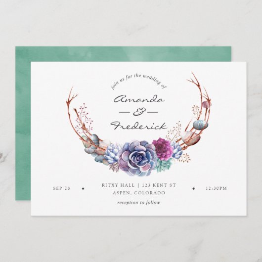 水の色の砂漠の結婚多肉類 招待状 (正面/裏面)