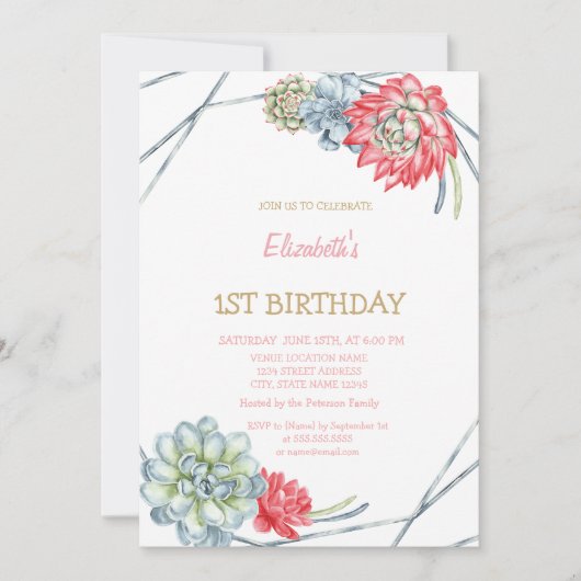 水の色の砂漠の赤い多肉類のストライプの誕生日 招待状 (正面)