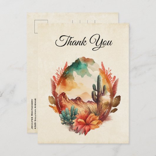 水の色の砂漠サボテンと山ありがとう ポストカード (正面/裏面)