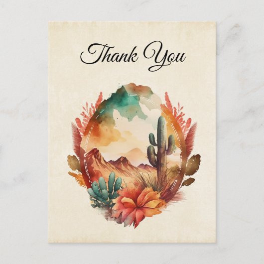 水の色の砂漠サボテンと山ありがとう ポストカード (正面)