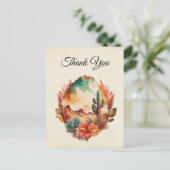 水の色の砂漠サボテンと山ありがとう ポストカード (スタンド正面)