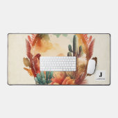 水の色の砂漠サボテンと山モノグラム デスクマット (キーボード&マウス)