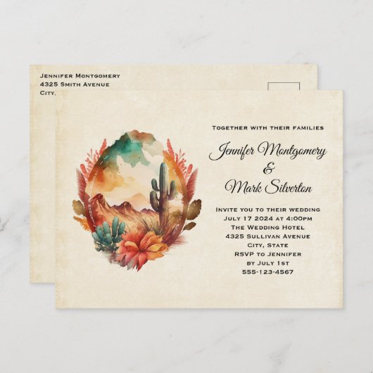 水の色の砂漠サボテンと山結婚の インビテーションポストカード (正面/裏面)