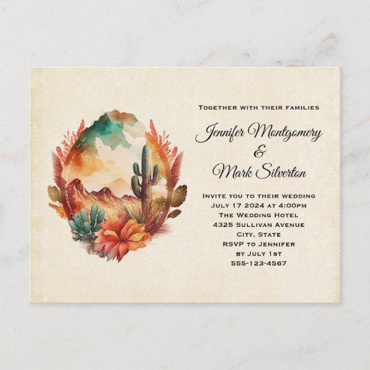 水の色の砂漠サボテンと山結婚の インビテーションポストカード (正面)