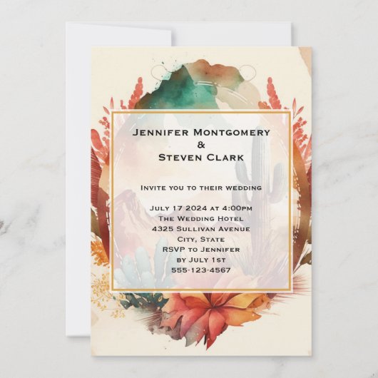 水の色の砂漠サボテンと山結婚の 招待状 (裏面)