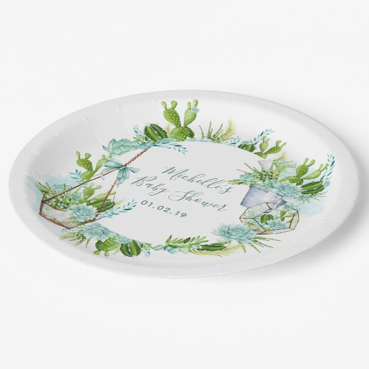 水の色の砂漠サボテン多肉乳児シャワー ペーパープレート (アングル)