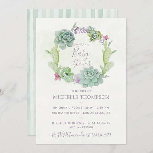 水の色の砂漠サボテン多肉乳児シャワー 招待状 (正面/裏面)