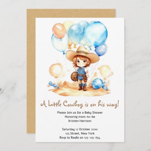 水の色の砂漠ヨーハウカウボーイベビーシャワー 招待状 (正面/裏面)