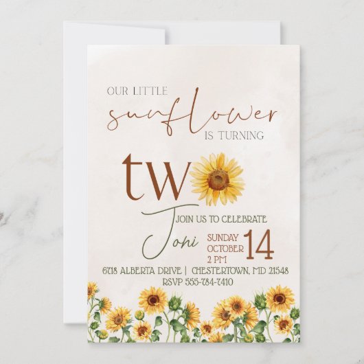 水の色の私たちの小さなひまわり第2誕生日 招待状 (正面)