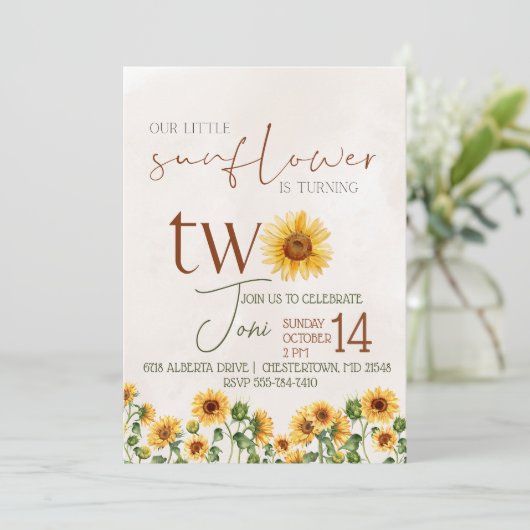 水の色の私たちの小さなひまわり第2誕生日 招待状 (スタンド正面)