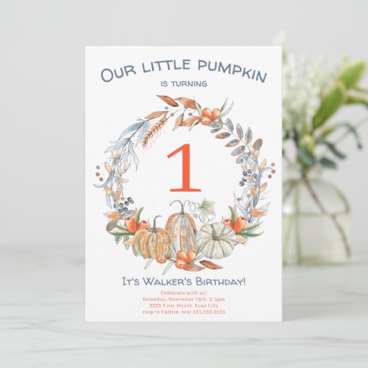 水の色の私たちの小さなカボチャブルーファースト誕生日 招待状 (スタンド正面)