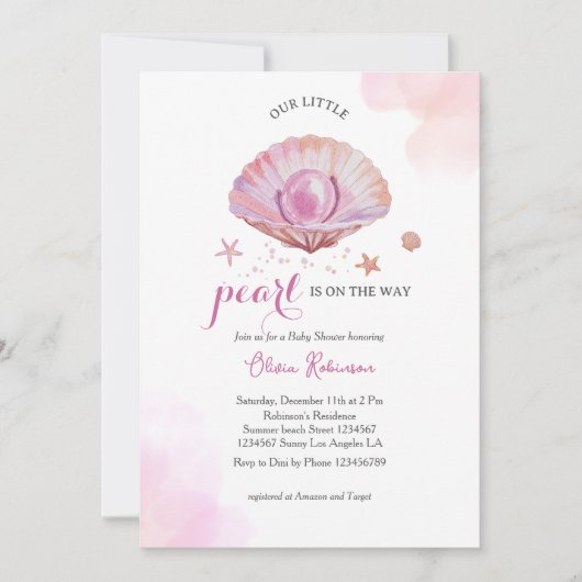 水の色の私たちの小さな真珠の女の子の赤ちゃんシャワー 招待状 (正面)