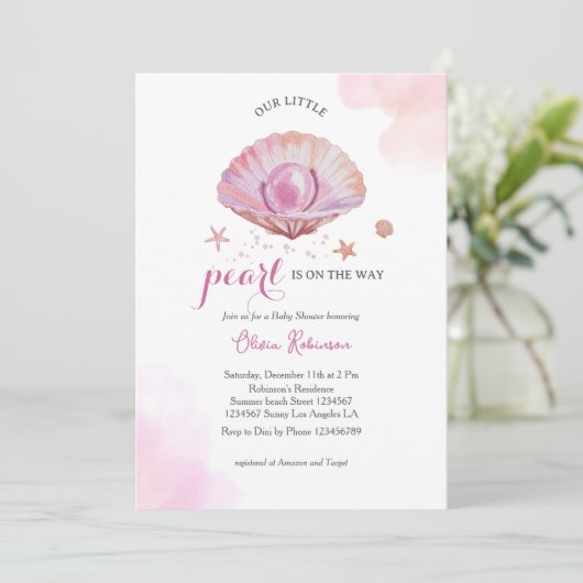 水の色の私たちの小さな真珠の女の子の赤ちゃんシャワー 招待状 (スタンド正面)