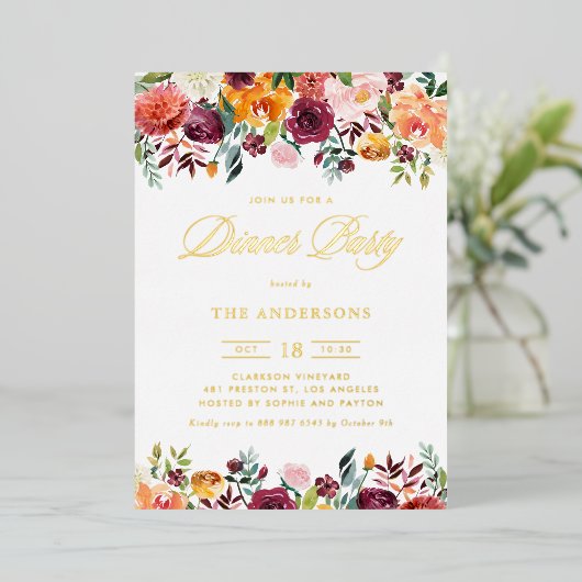 水の色の秋の開花ガーランドディナーパーティー 箔招待状 (立ち正面)