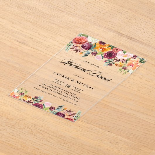 水の色の秋の開花ガーランドリハーサルディナー アクリル招待状 (レイダウン)