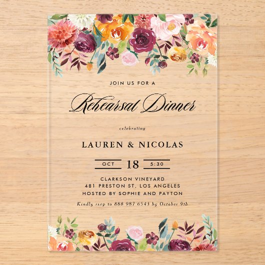 水の色の秋の開花ガーランドリハーサルディナー アクリル招待状 (正面)