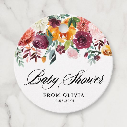 水の色の秋の開花ガーランド秋ベビーシャワー フェイバータグ (正面)