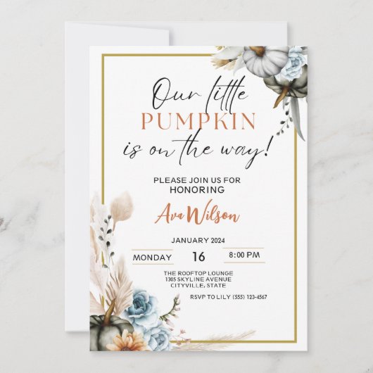 水の色の素朴な小さなカボチャの赤ちゃんシャワー 招待状 (正面)