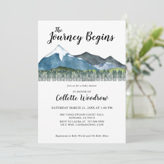 水の色の素朴旅の山の赤ちゃんシャワー 招待状 (スタンド正面)