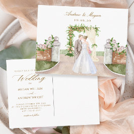 水の色の結婚庭のアーチのカップルの芸術 ポストカード