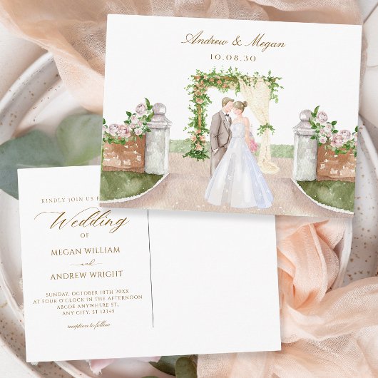 水の色の結婚庭のアーチのカップルの芸術 ポストカード