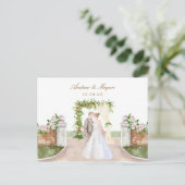 水の色の結婚庭のアーチのカップルの芸術 ポストカード (スタンド正面)