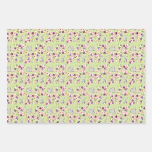 水の色の絵を描イースターバニーウサギの花 ラッピングペーパーシート (正面)