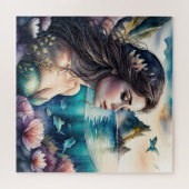 水の色の絵を描ブルネットのマーメイド ジグソーパズル (横)