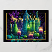 水の色の絵画キャンドルクリスマスパープルグリーン 箔シーズンカード (正面)