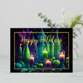 水の色の絵画キャンドルクリスマスパープルグリーン 箔シーズンカード (立ち正面)